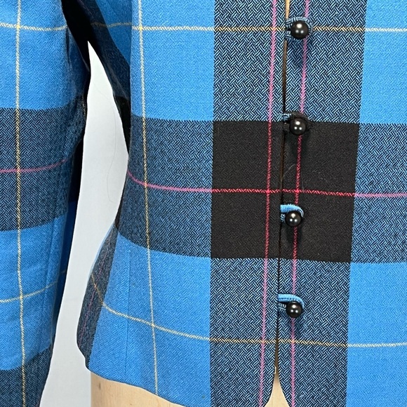 VINTAGE 80s wool tartan plaid blazer jacket button front collarless tailored 90s - Picture 5 of 12